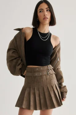 Leather|Skirts^Nasty Gal Distressed Faux Leather Pleated Skirt |