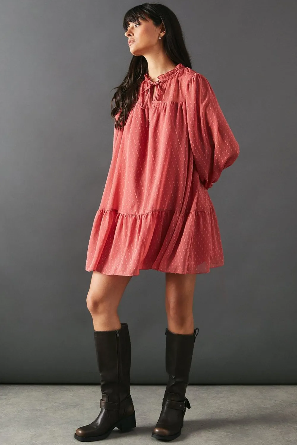 Dresses^Nasty Gal Dobby Chiffon Tie Neck Drop Hem Mini Smock Dress |