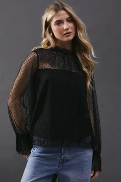 Tops^Nasty Gal Dobby Tulle Lace Frill Neck Blouse |