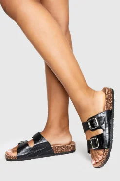 Sandals^Nasty Gal Double Buckle Croc Footbed Sliders |