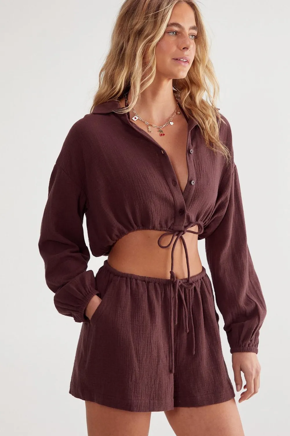 Two Piece Sets|Two Piece Sets^Nasty Gal Double Gauze Tie Front Shirt and Short Set |