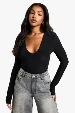 Tops^Nasty Gal Double Layer Slinky Plunge Front Long Sleeve Bodysuit |