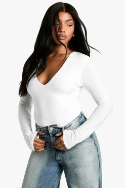 Tops^Nasty Gal Double Layer Slinky Plunge Front Long Sleeve Bodysuit |