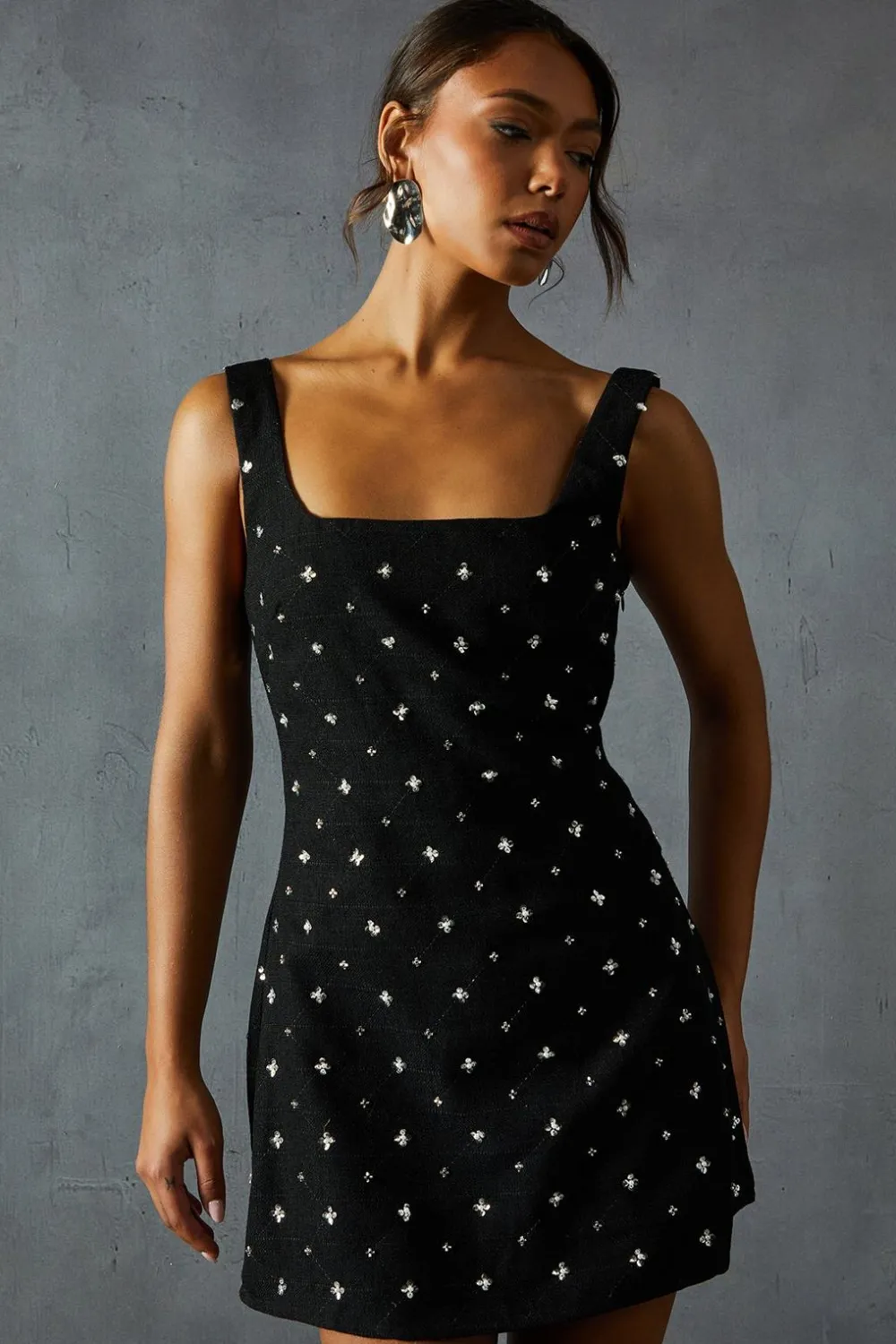 Dresses^Nasty Gal Embellished Tweed Square Neck A-line Mini Dress |