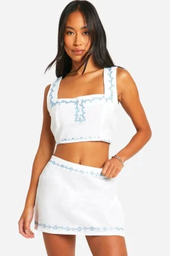 Two Piece Sets|Two Piece Sets^Nasty Gal Embroidered Linen Look Crop Top & Mini Skirt Set |