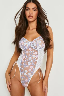 Lingerie^Nasty Gal Embroidery Lace Up Bodysuit |