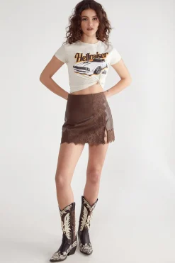 Skirts|Skirts^Nasty Gal Eyelash Lace Trim Detail Faux Leather Mini Skirt |