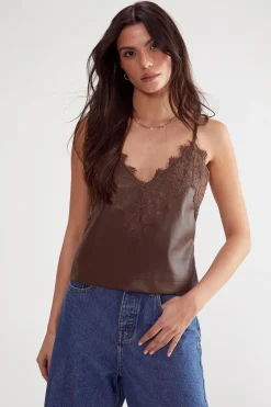 Cami Tops|Tops^Nasty Gal Eyelash Lace Trim Detail Faux Leather Cami Top |
