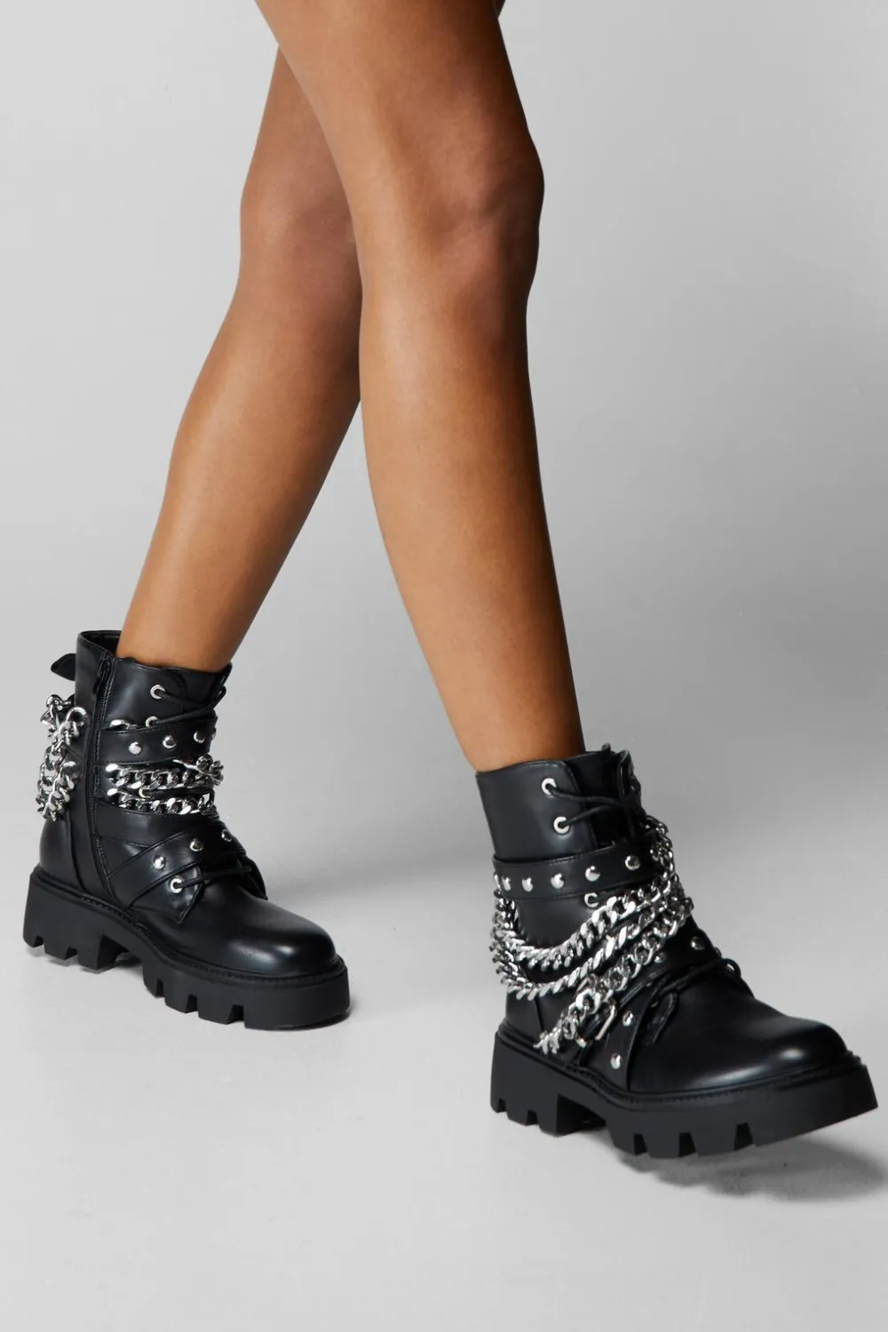 Black Boots|Ankle Boots^Nasty Gal Faux Leather Chain Detail Biker Boots |