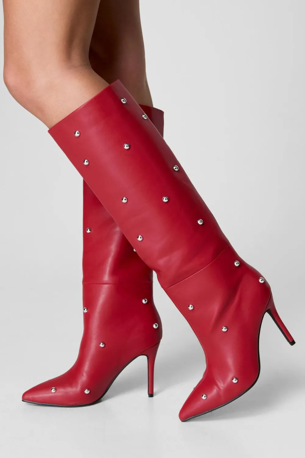 Knee High Boots|Leather^Nasty Gal Faux Leather Dome Stud Knee High Boots |
