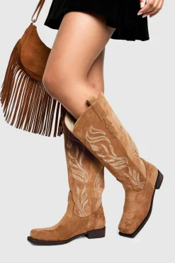 Real & Faux Suede|Cowgirl^Nasty Gal Faux Suede Embroidered Flat Western Boots |