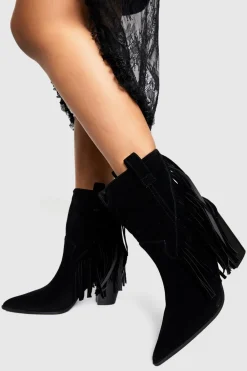 Real & Faux Suede|Fringing^Nasty Gal Faux Suede Fringe Tassel Detail Heeled Western Ankle Boots |