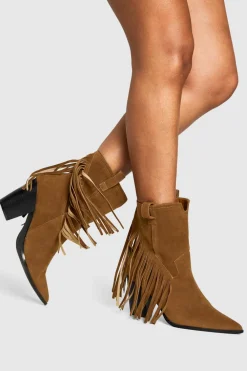 Real & Faux Suede|Fringing^Nasty Gal Faux Suede Fringe Tassel Detail Heeled Western Ankle Boot |
