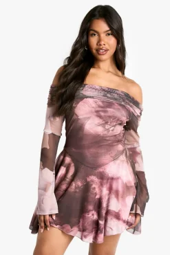 Dresses^Nasty Gal Floral Bardot Long Sleeve Skater Dress |