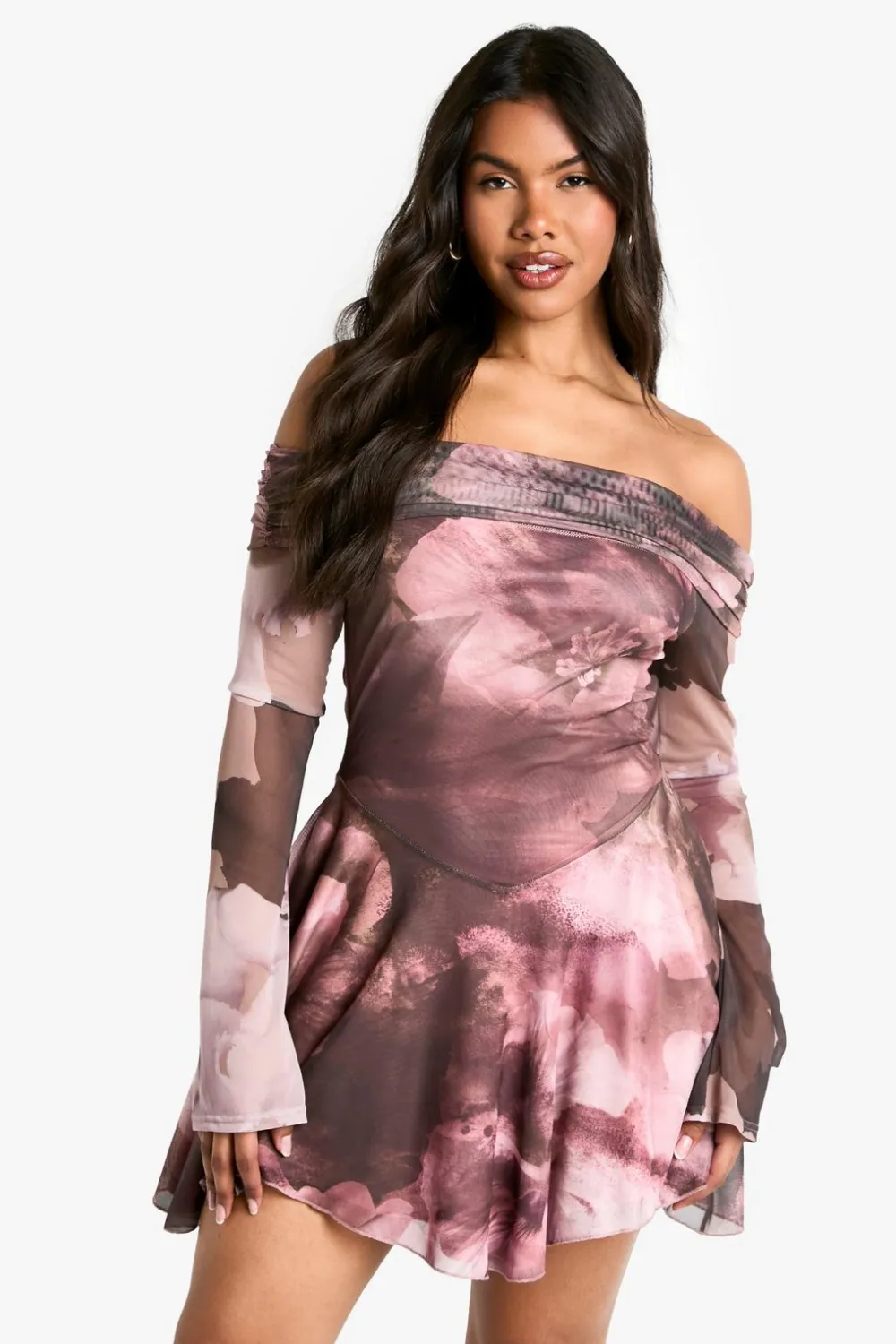 Dresses^Nasty Gal Floral Bardot Long Sleeve Skater Dress |