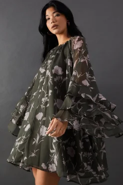 Dresses^Nasty Gal Floral Chiffon Ruffle Volume Sleeve Mini Smock Dress |