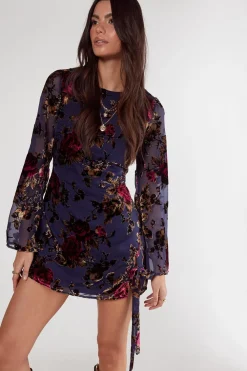 Mini Dresses|Dresses^Nasty Gal Floral Devore Bow Split Tunic Mini Dress |