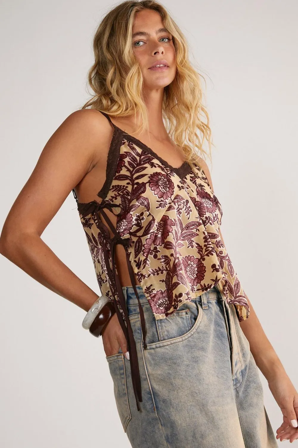Cami Tops|Tops^Nasty Gal Floral Devore Lace Trim Tie Side Cami Top |