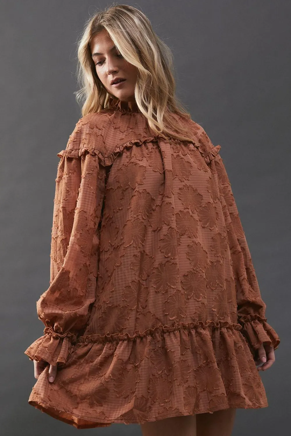 Dresses^Nasty Gal Floral Jacquard Ruffle Neck Mini Smock Dress |