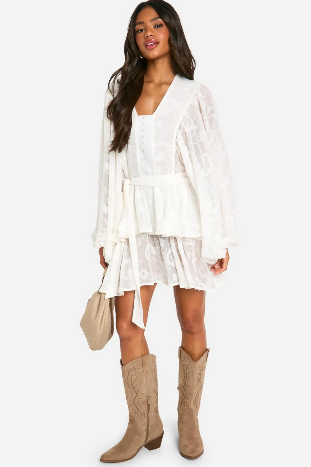 Dresses^Nasty Gal Floral Jacquard Tiered Belted Skater Dress |