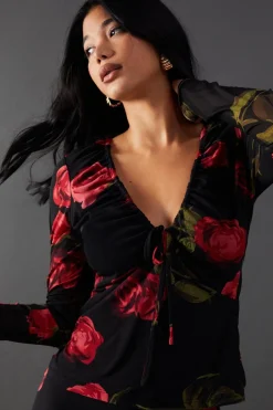 Tops^Nasty Gal Floral Mesh Gathered Drawstring Fitted Top |