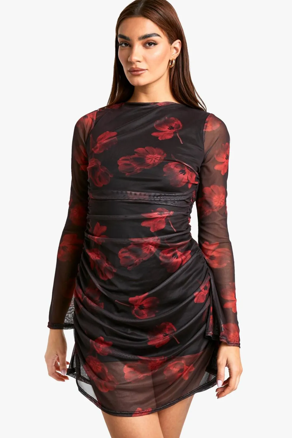 Dresses^Nasty Gal Floral Mesh Ruched Mini Dress |