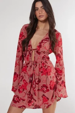 Dresses^Nasty Gal Floral Ruched Tie Front Fluted Sleeve Tunic Dress |