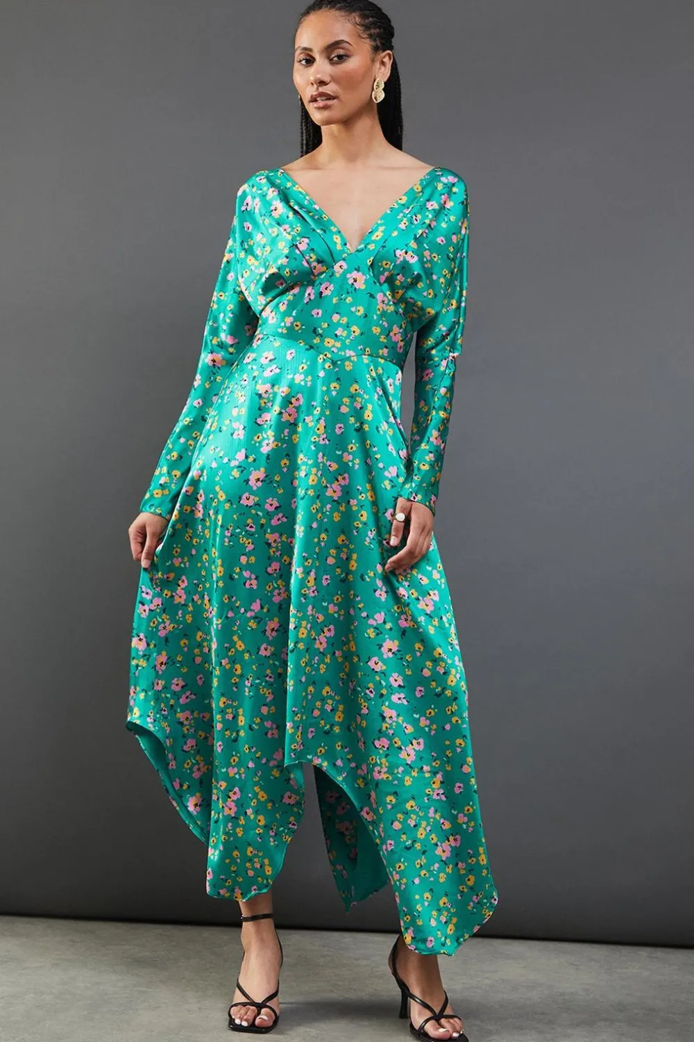 Dresses^Nasty Gal Floral Satin Batwing Waisted Hanky Hem Midi Dress |