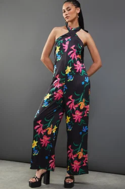 Jumpsuits|Jumpsuits^Nasty Gal Floral Satin Halterneck Jumpsuit |