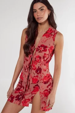 Waistcoats|Tops^Nasty Gal Floral Tie Front Collared Vest |