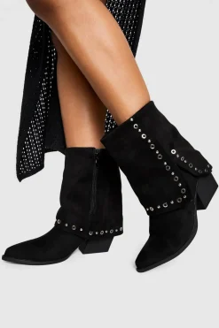 Cowgirl^Nasty Gal Fold Over Calf High Studded Western Boots |