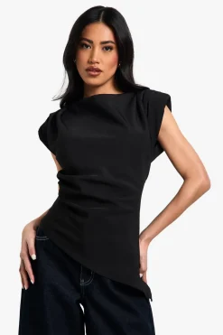 Tops^Nasty Gal Gathered Shoulder Pad Asymmetric Blouse |