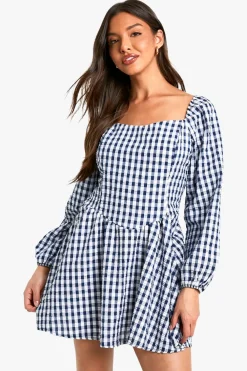 Dresses^Nasty Gal Gingham Long Sleeve Mini Dress |