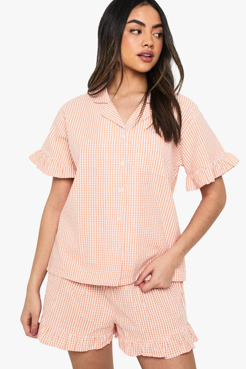 Sleepwear^Nasty Gal Gingham Ruffle Detail Short Sleeve Shirt & Shorts Pyjama Set |