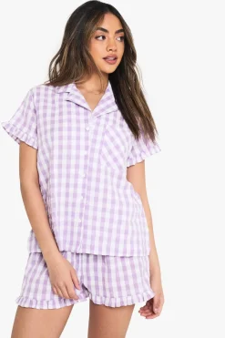 Sleepwear^Nasty Gal Gingham Seersucker Ruffle Detail Short Sleeve Shirt & Shorts Pyjama Set |