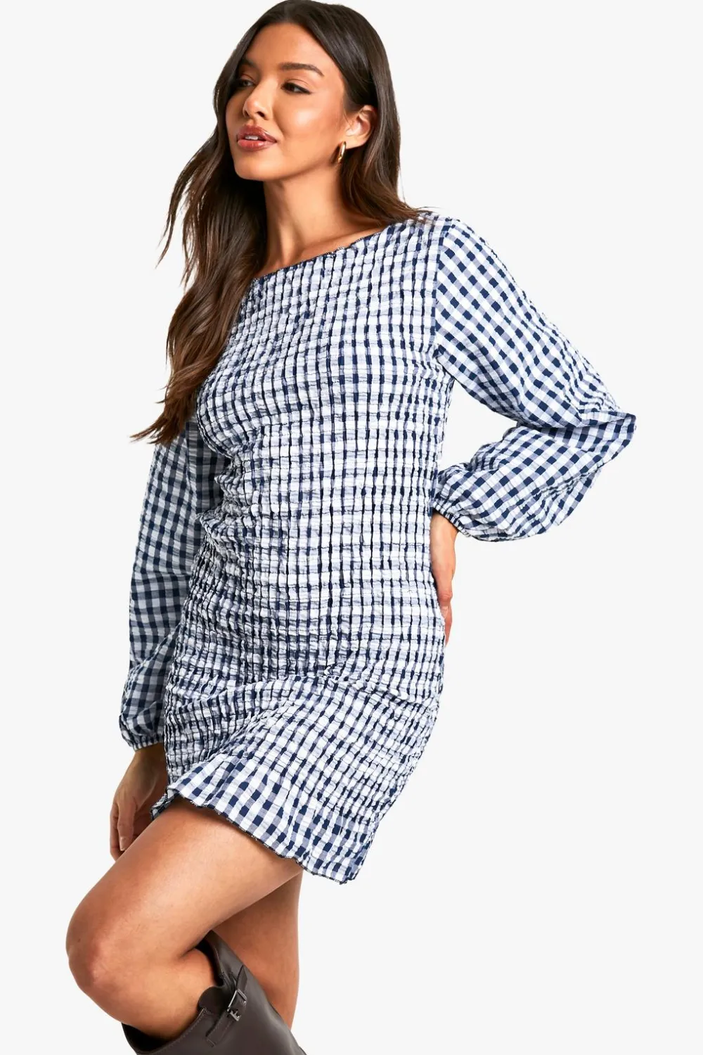 Dresses^Nasty Gal Gingham Shirred Long Sleeve Mini Dress |