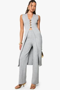 Jumpsuits|Jumpsuits^Nasty Gal Gold Button Detail Longline Knitted Waistcoat and Wide Leg Trouser Co-Ord |