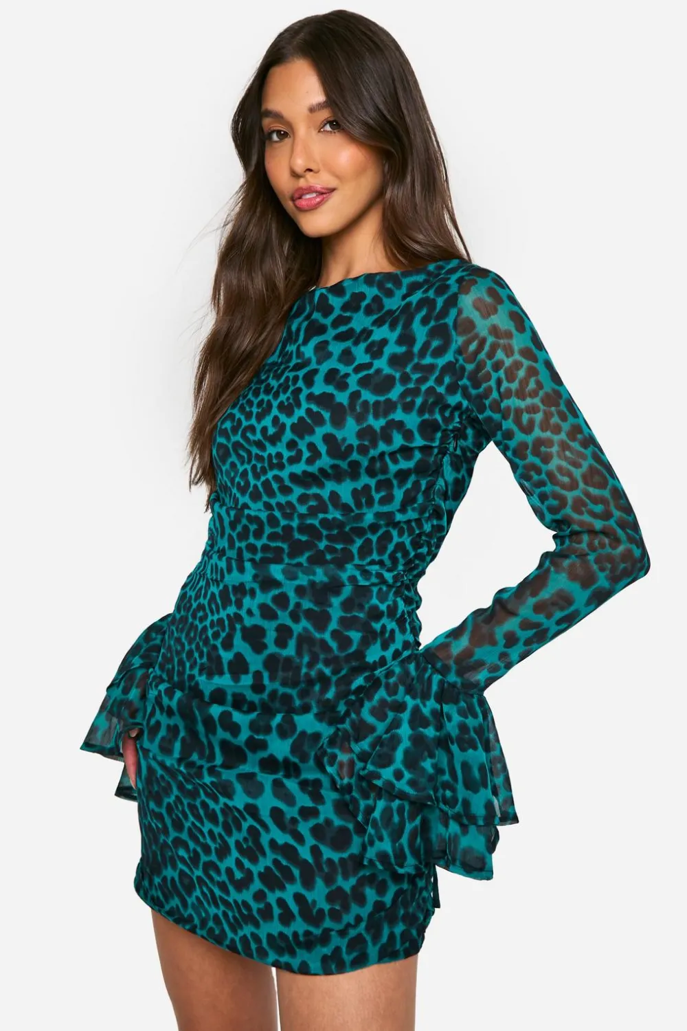 Animal Print|Dresses^Nasty Gal Green Leopard Chiffon Ruffle Mini Dress |