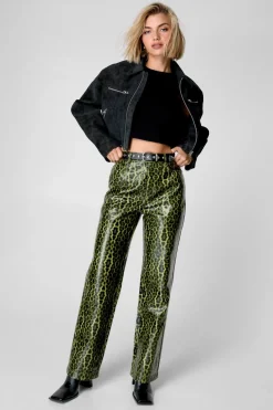 Leather|Animal Print^Nasty Gal Green Leopard Faux Leather Pant |