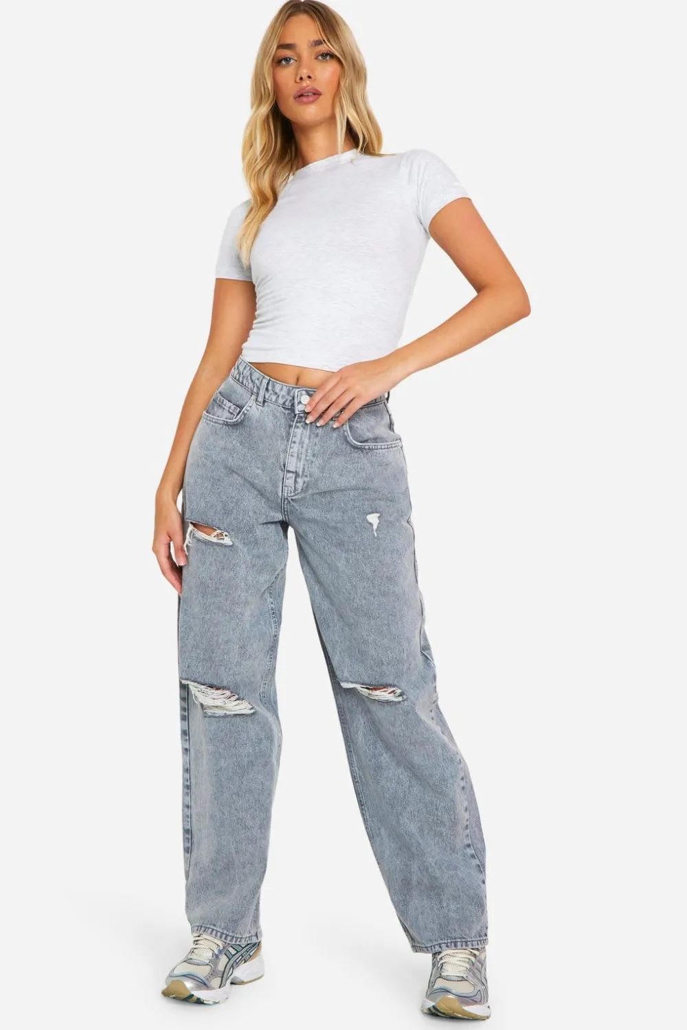 Jeans|Denim^Nasty Gal Grey Wash Rip Detail Boyfriend Jeans |