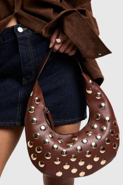 Bags|Leather^Nasty Gal Half Moon Studded Leather Look Shoulder Bag |