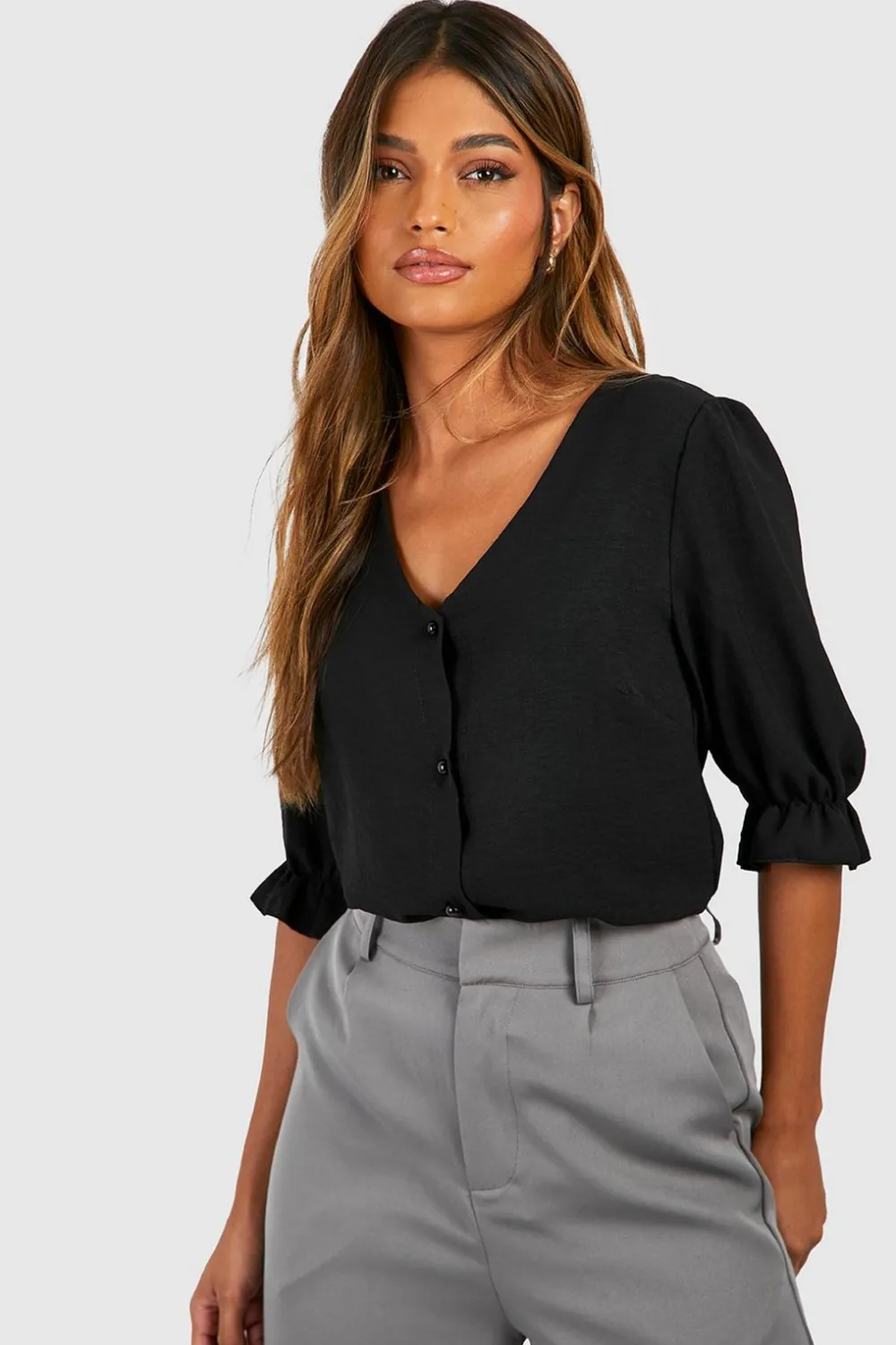 Tops^Nasty Gal Hammered Puff Sleeve Button Front Blouse |