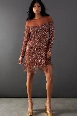 Sequin Outfits|Fringing^Nasty Gal Hand Embellished Sequin Fringe Yoke Mini Dress |