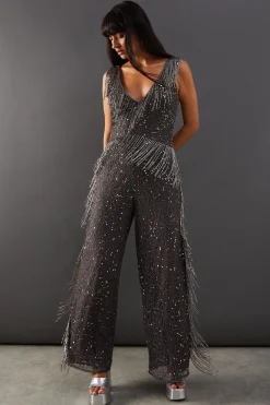 Sequin Outfits|Fringing^Nasty Gal Hand Embellished Sequin Plunge Neck Fringe Jumpsuit |