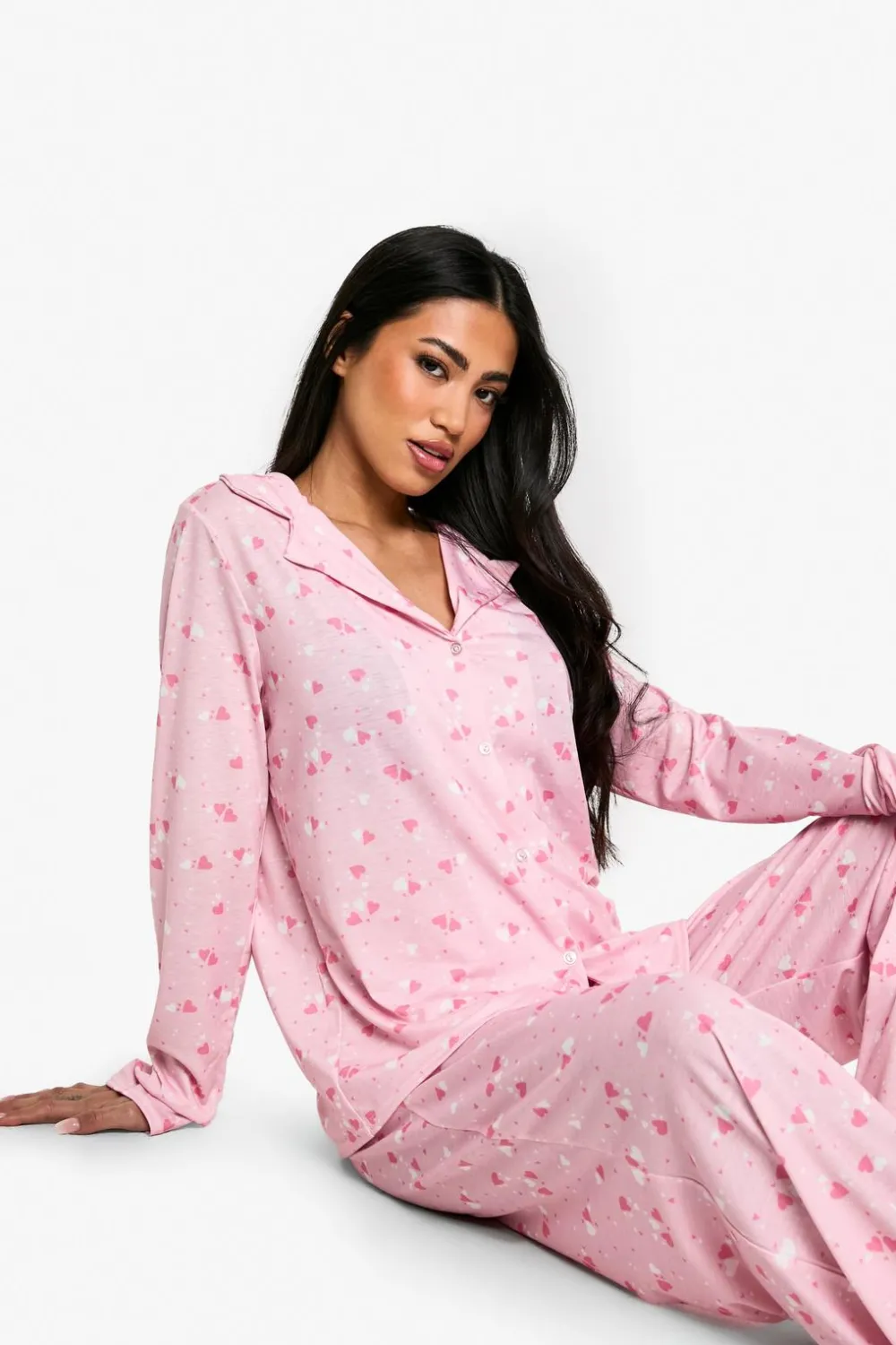 Sleepwear^Nasty Gal Heart Print Long Sleeve Shirt & Trousers Pyjama Set |