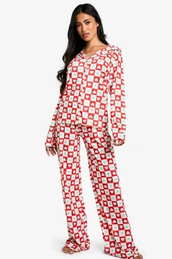 Sleepwear^Nasty Gal Heart Print Long Sleeve Shirt & Trouser Pyjama Set |