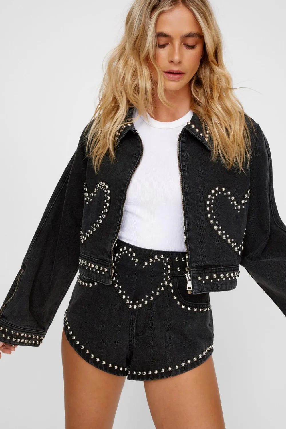 Denim|Denim^Nasty Gal Heart Studded Cropped Denim Jacket |