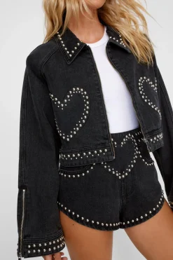Disco Outfits|Going Out Two Piece Sets^Nasty Gal Heart Studded Cropped Denim Jacket |