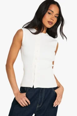 Tops^Nasty Gal Heavy Rib Button Through Sleevless Top |