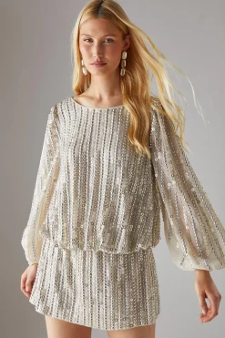 Sequin Outfits^Nasty Gal Hen Hand Embellished Sequin Slash Neck Blouson Mini Dress |